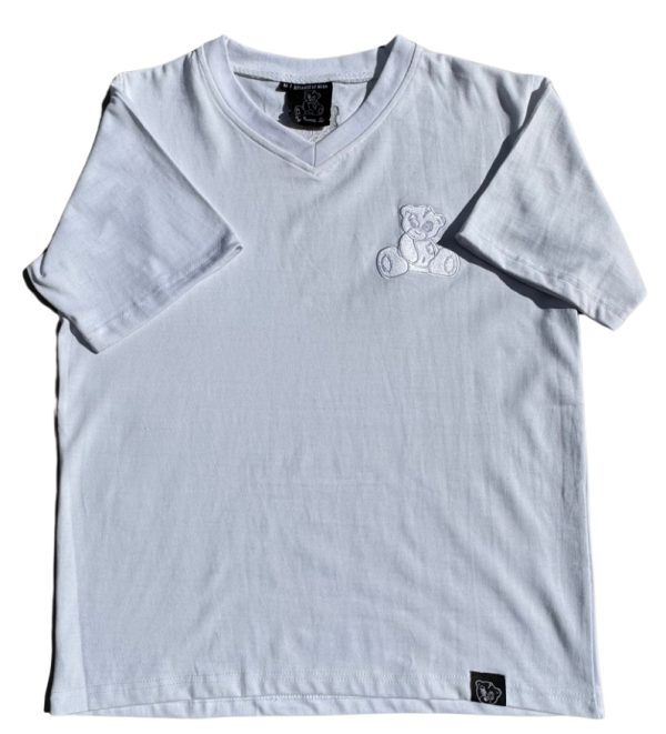 White tee with embroidered bear logo